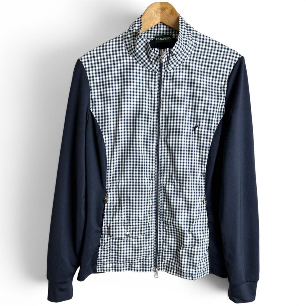 golfino women's large us 12 navy gingham golf jacket full zip european luxury